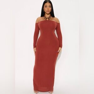 Fashion Nova Off-Shoulder Long Sleeve Dress in Rust